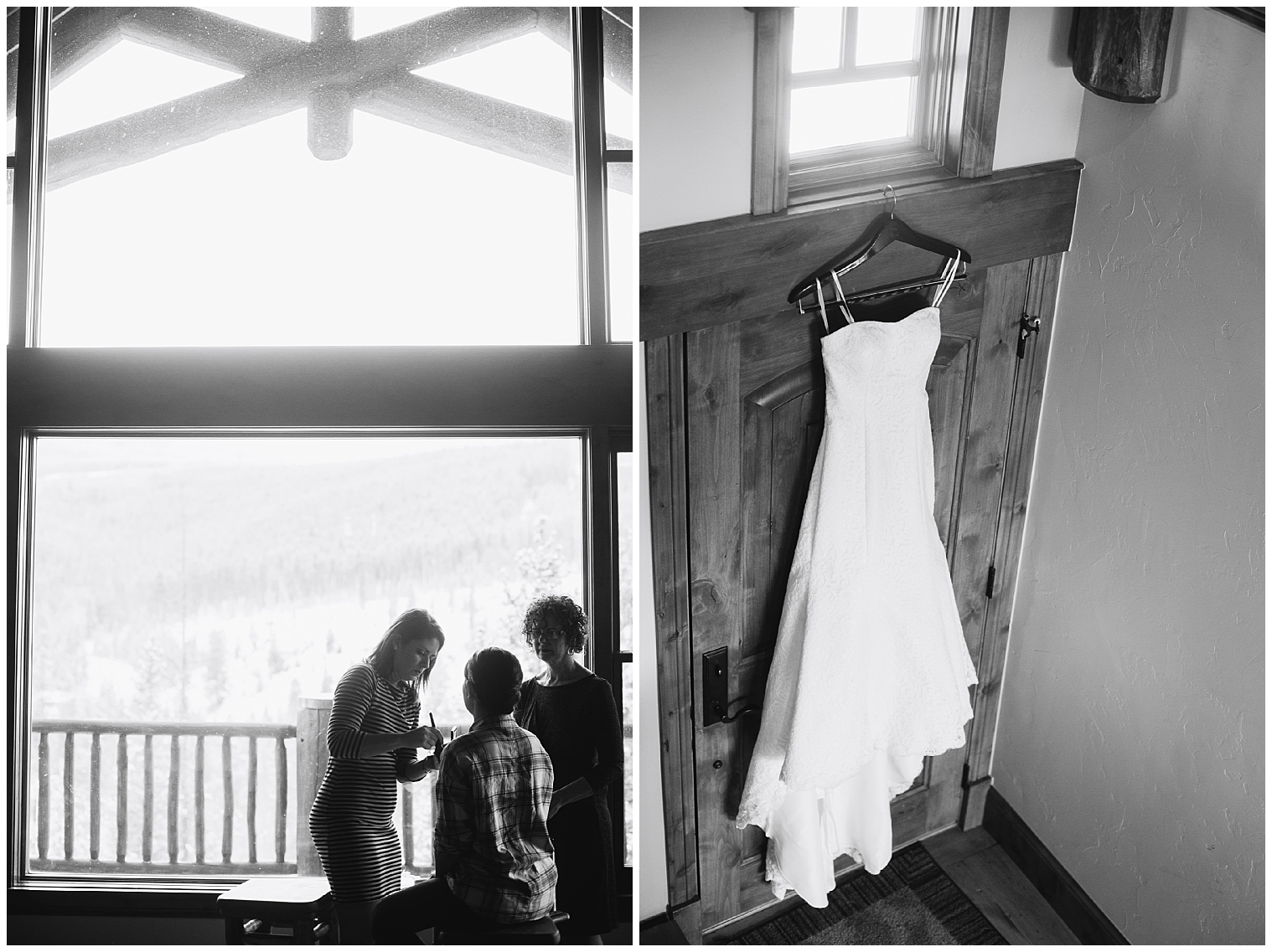 Bride getting ready for her intimate Breckenridge elopement and her wedding dress hanging over the door.