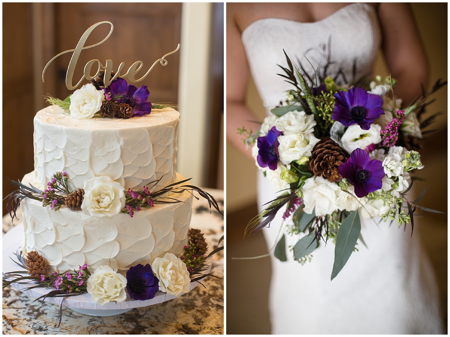 White and purple flowers, and pine cones on a white cake an in a bridal bouquet at a Breckenridge elopement.