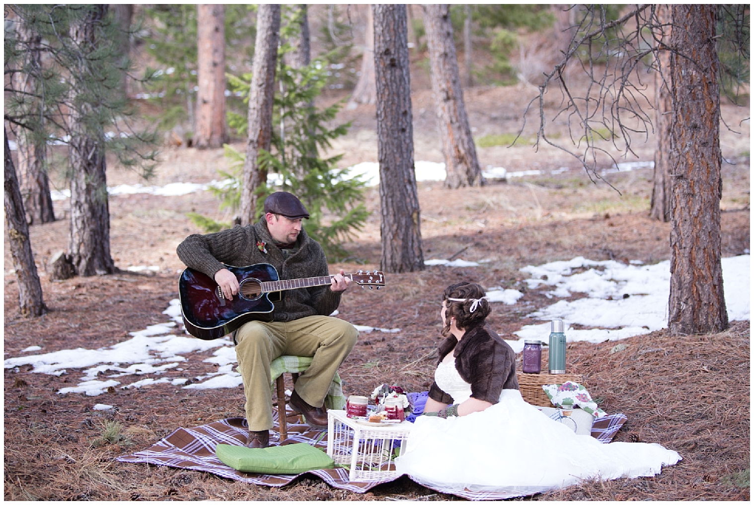 Groom plays guitar for his bride at a Boulder Colorado elopement.