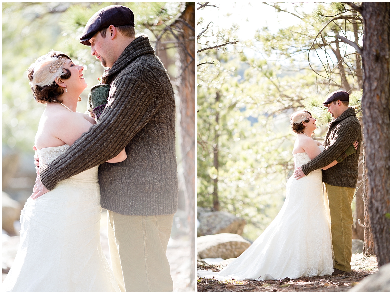 The wedding couple embrace one another at their Boulder elopement.
