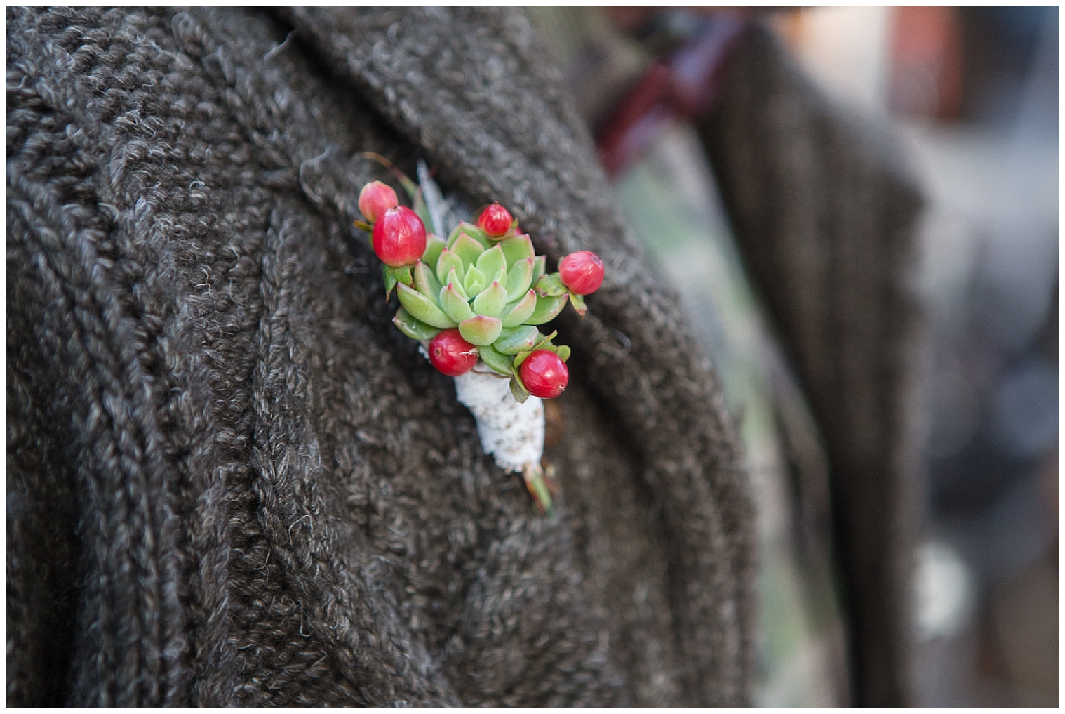 Succulent boutonniere on a wool jacket at a chilly Boulder elopement in April. 