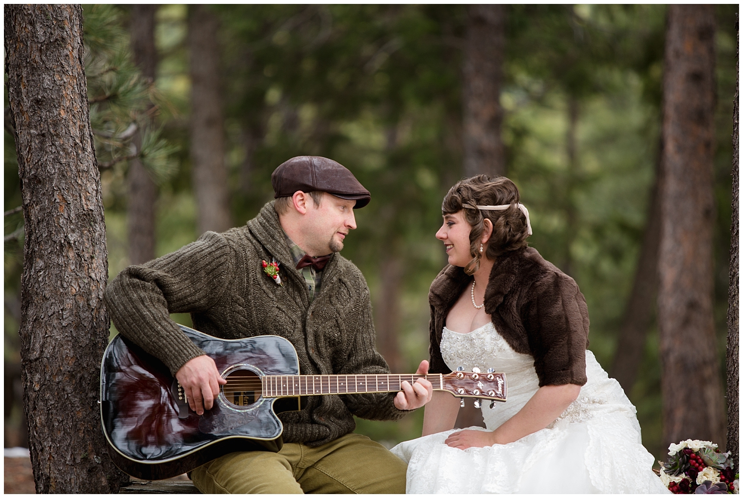 Groom plays guitar for his bride at their Boulder elopement.