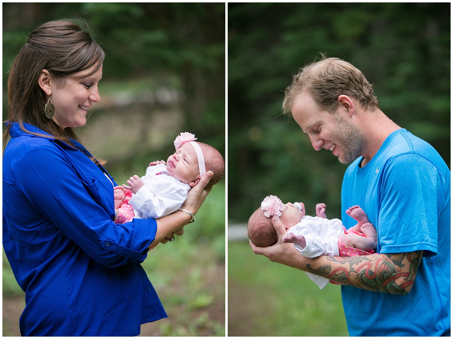New mom and dad hold their newborn baby during a Breckenridge extended family photography shoot.