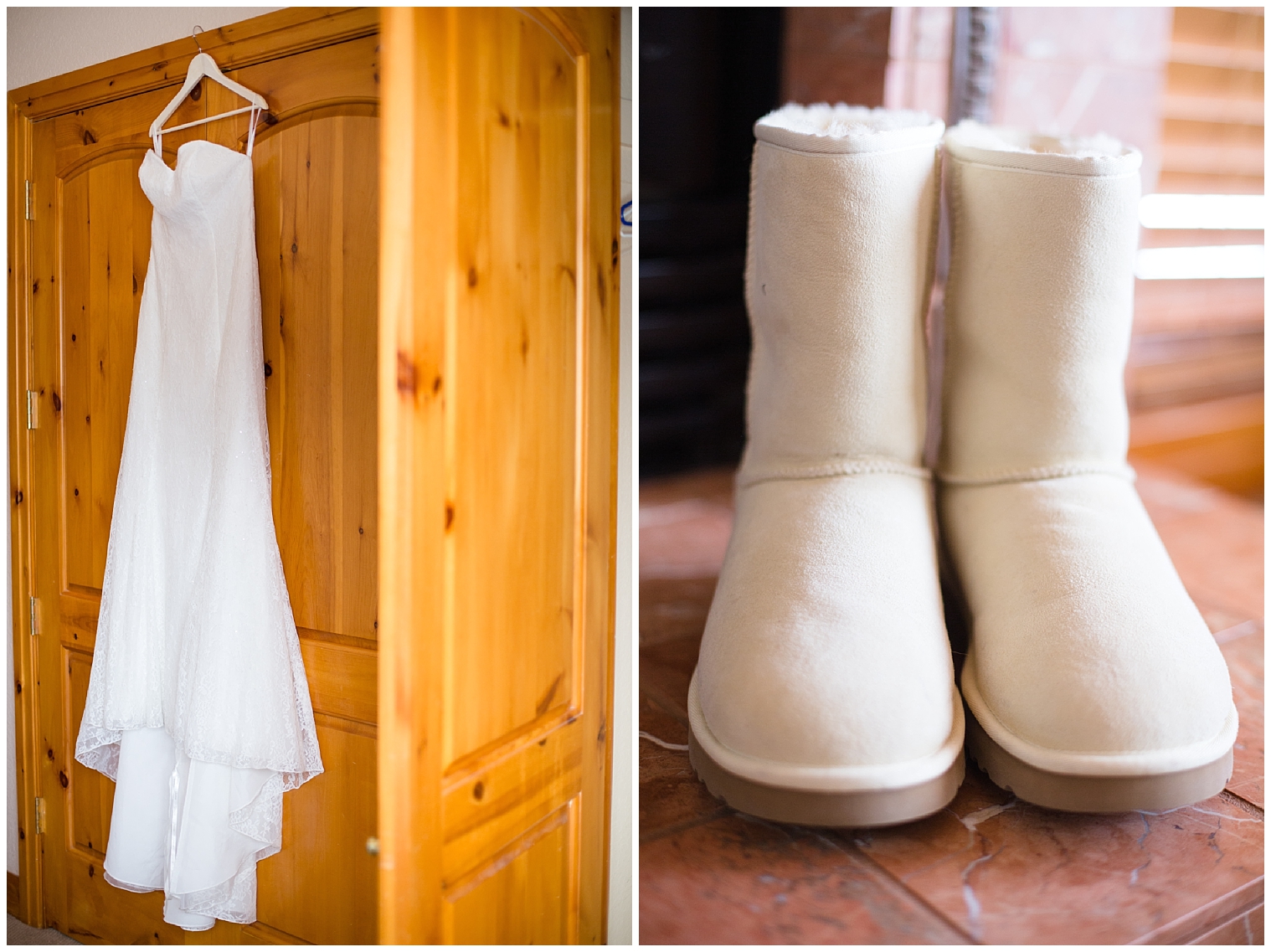 Wedding dress and Ugg boots at a Breckenridge elopement wedding.