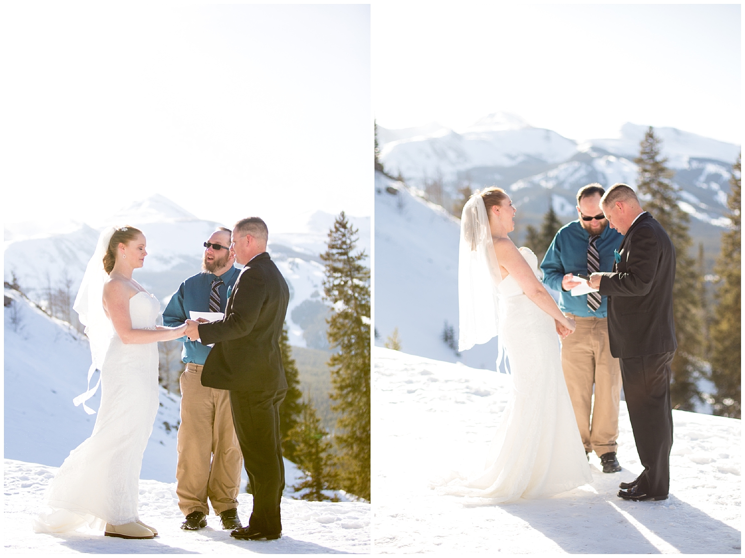 Bride and groom stand together during their winter mountain elopement at Boreas Pass in Breckenridge.