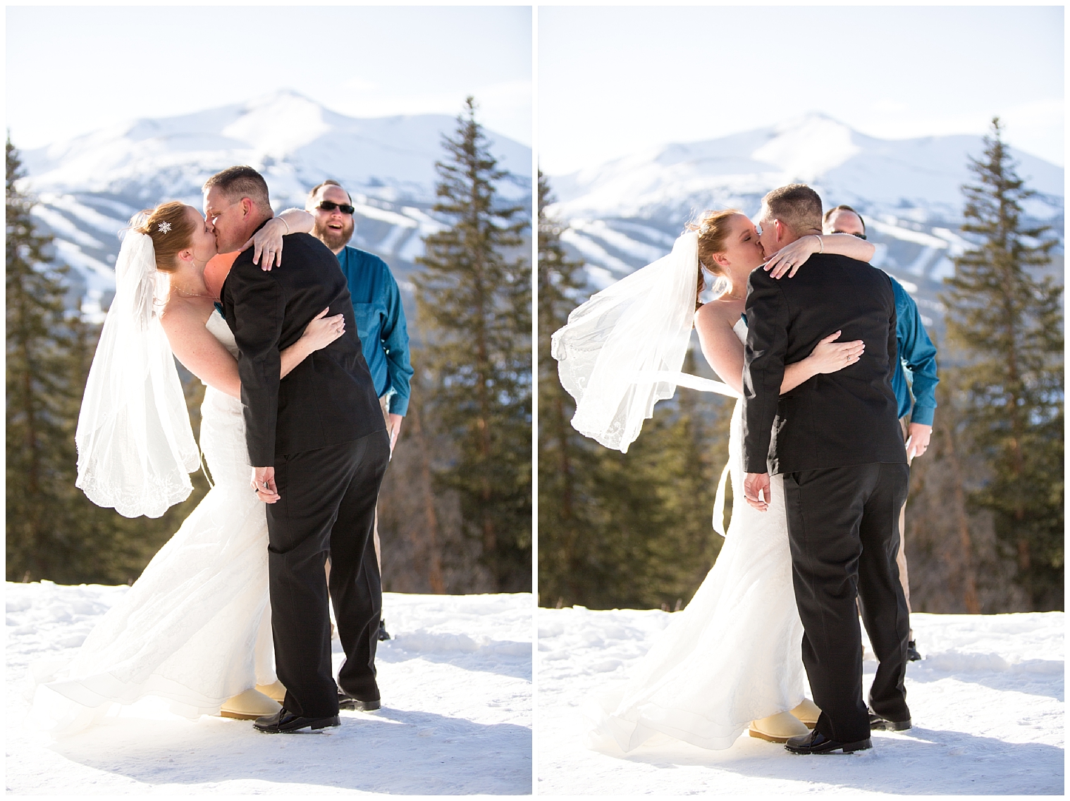 Bride and groom share their first kiss at their winter elopement in the mountains of Breckenridge elopement.