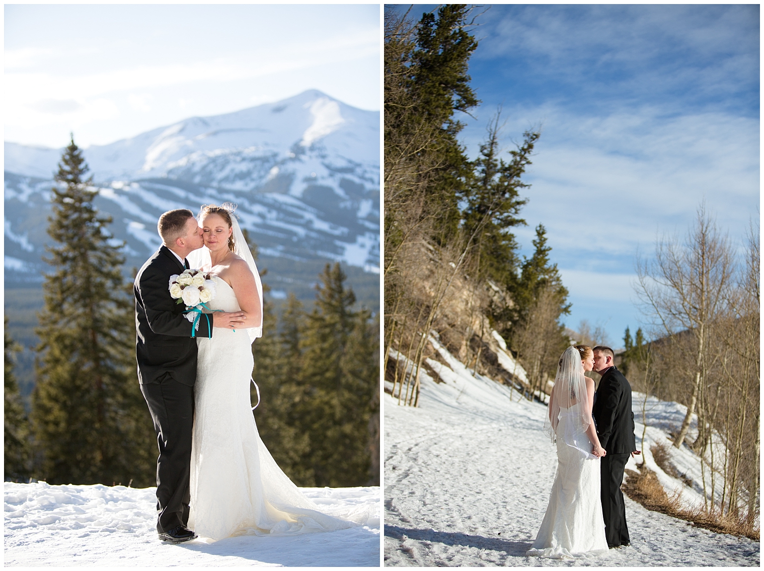 The wedding couple kiss each other during portraits at their Breckenridge elopement.