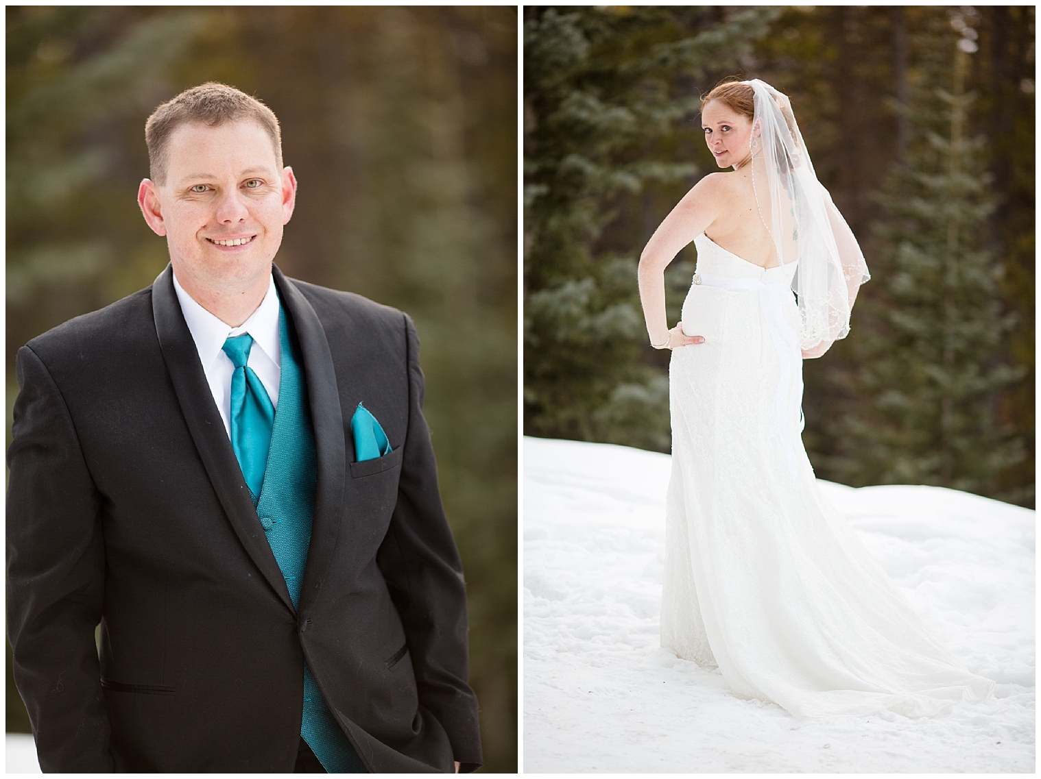Individual portraits of a bride and groom at their Colorado winter elopement.