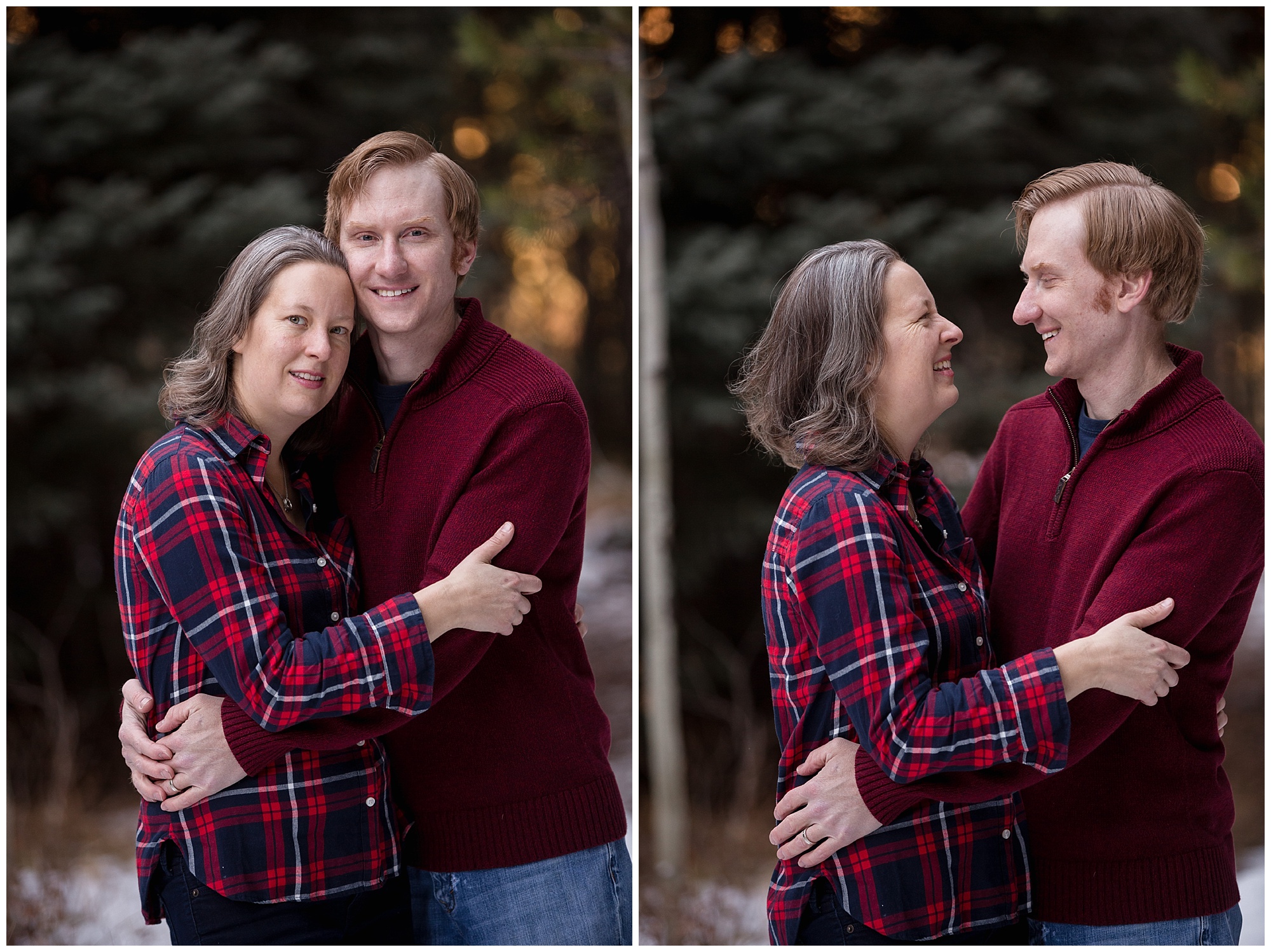 During their Colorado family photo shoot, the happy parents hug each other close.