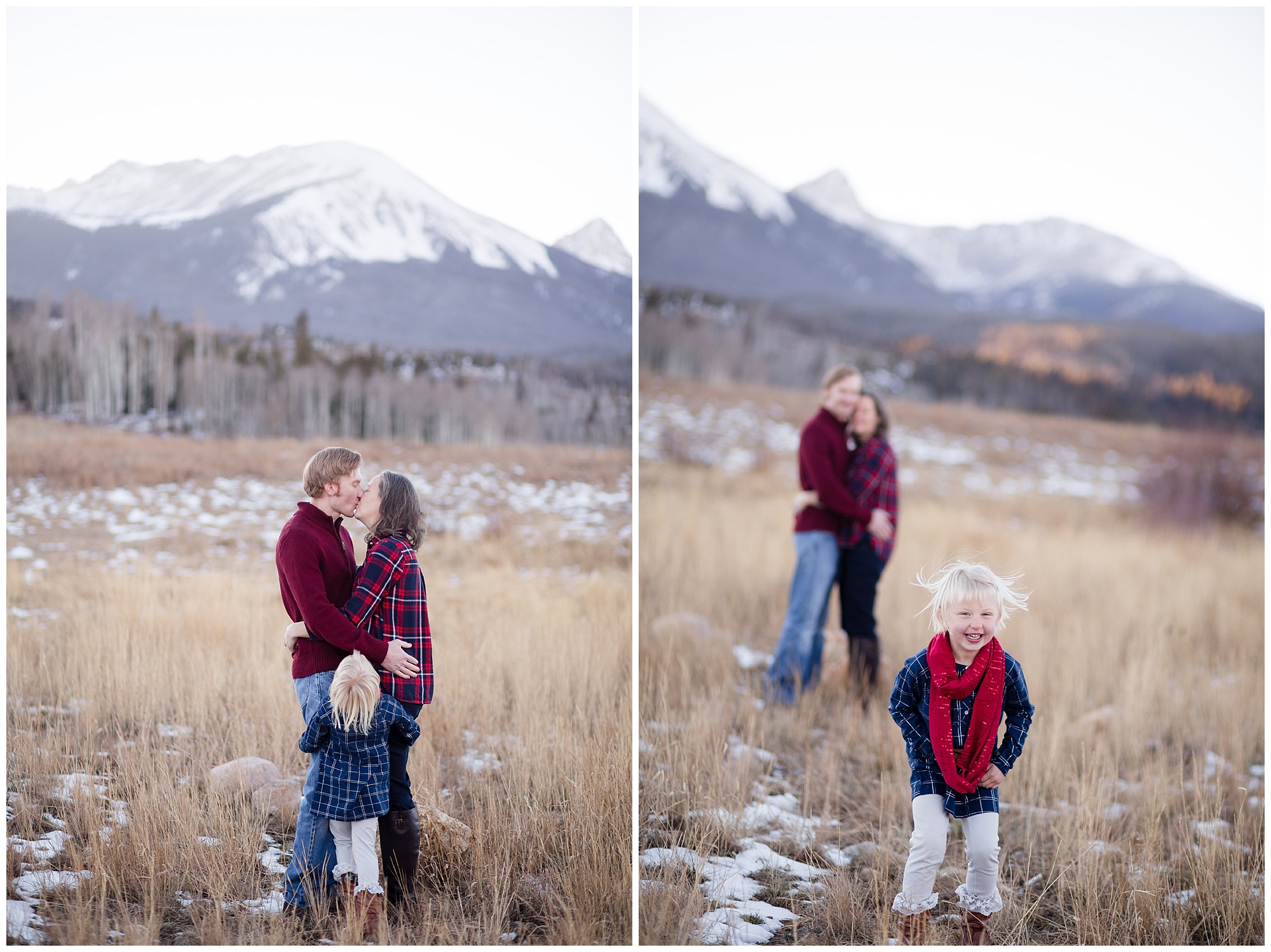 A family of three poses for photos with a Colorado mountain family photographer