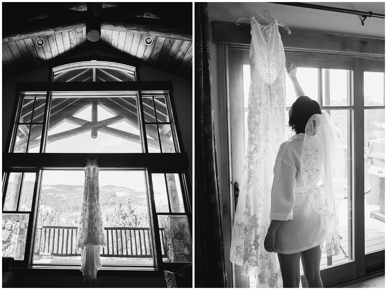 Bride grabs her dress that is hanging from a window at her mountain Breckenridge wedding.