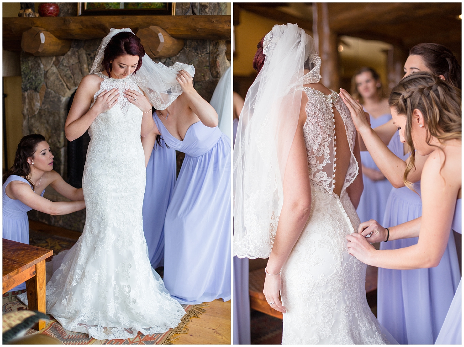 Bridesmaids help the bride into her dress before her wedding at Sevens in Breckenridge.