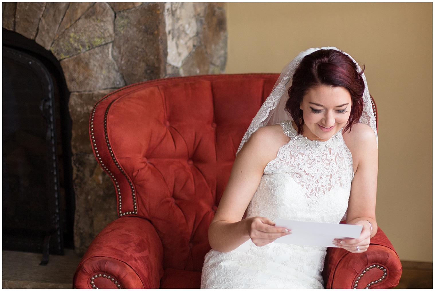 Bride reads a letter from her groom before her Sevens wedding.