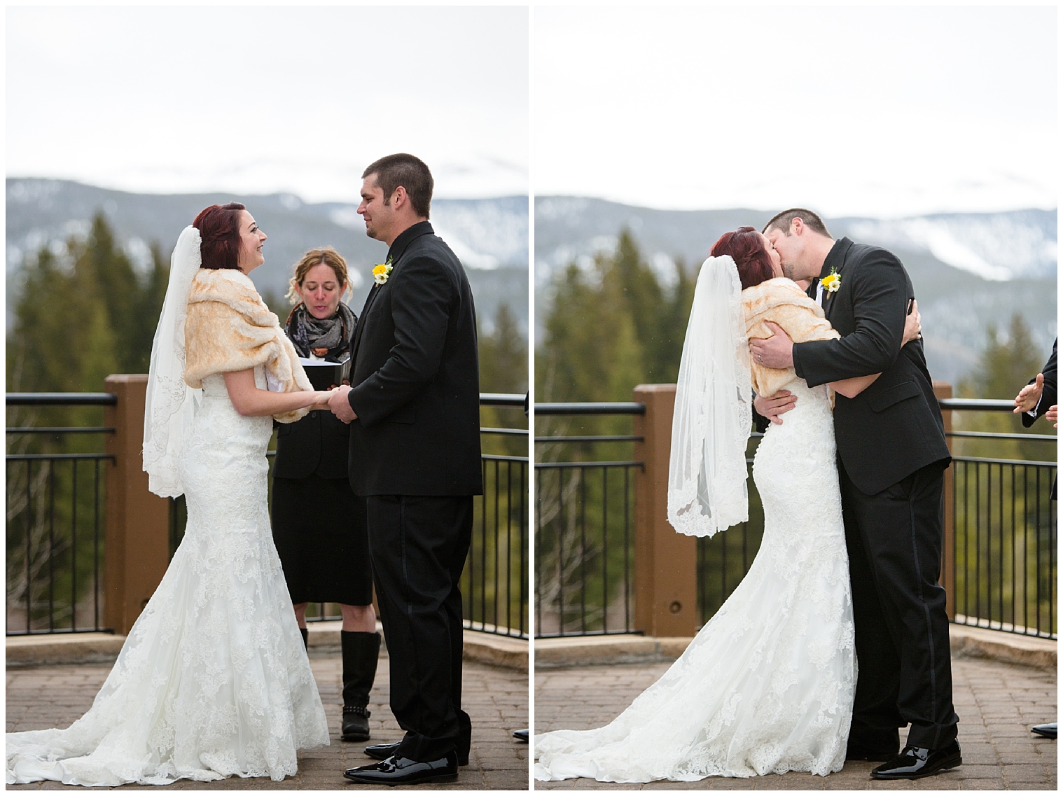 The wedding couple share their first kiss at their Colorado mountain wedding ceremony.