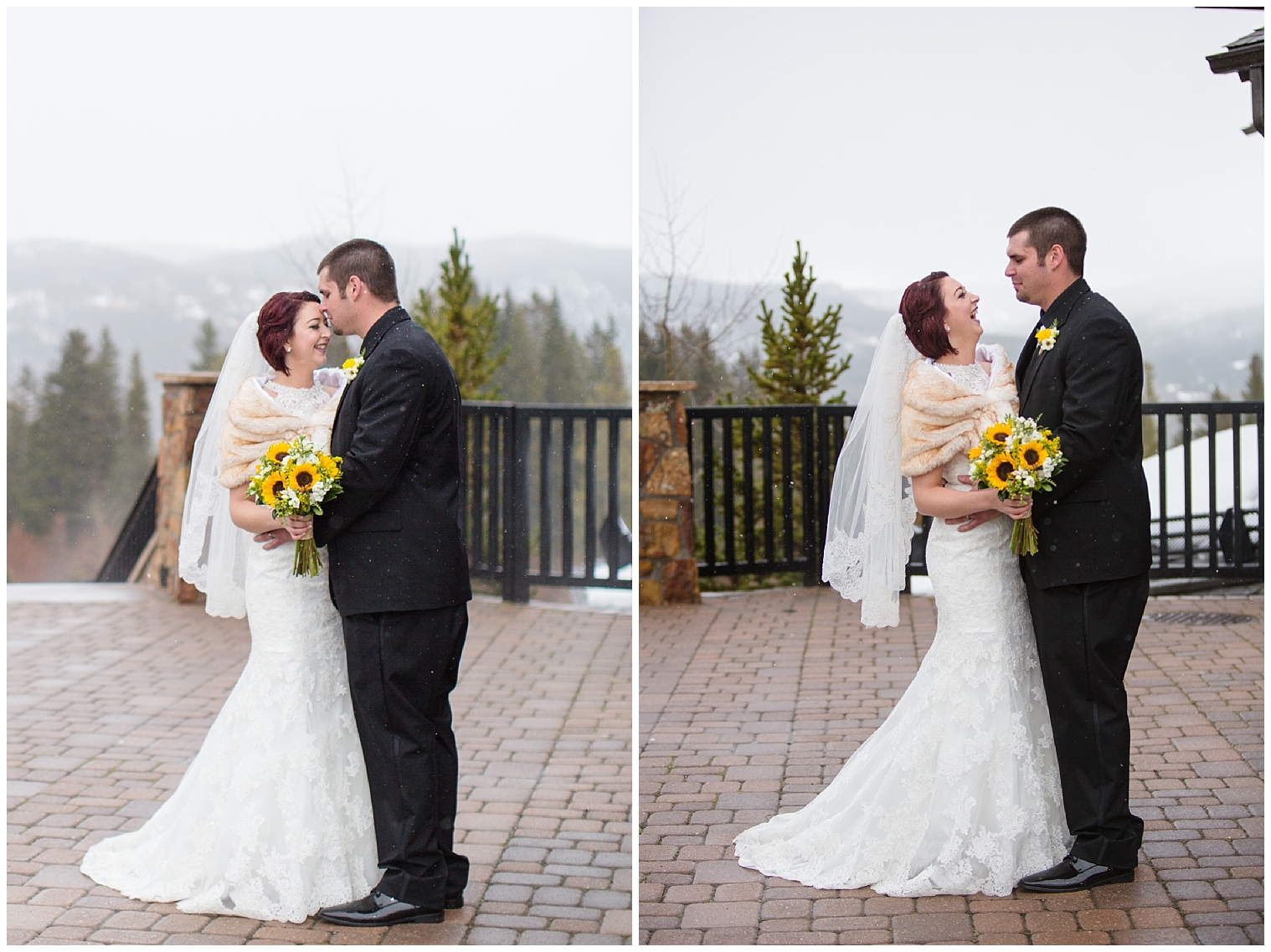 The bride and groom embrace after their Colorado mountain wedding ceremony.