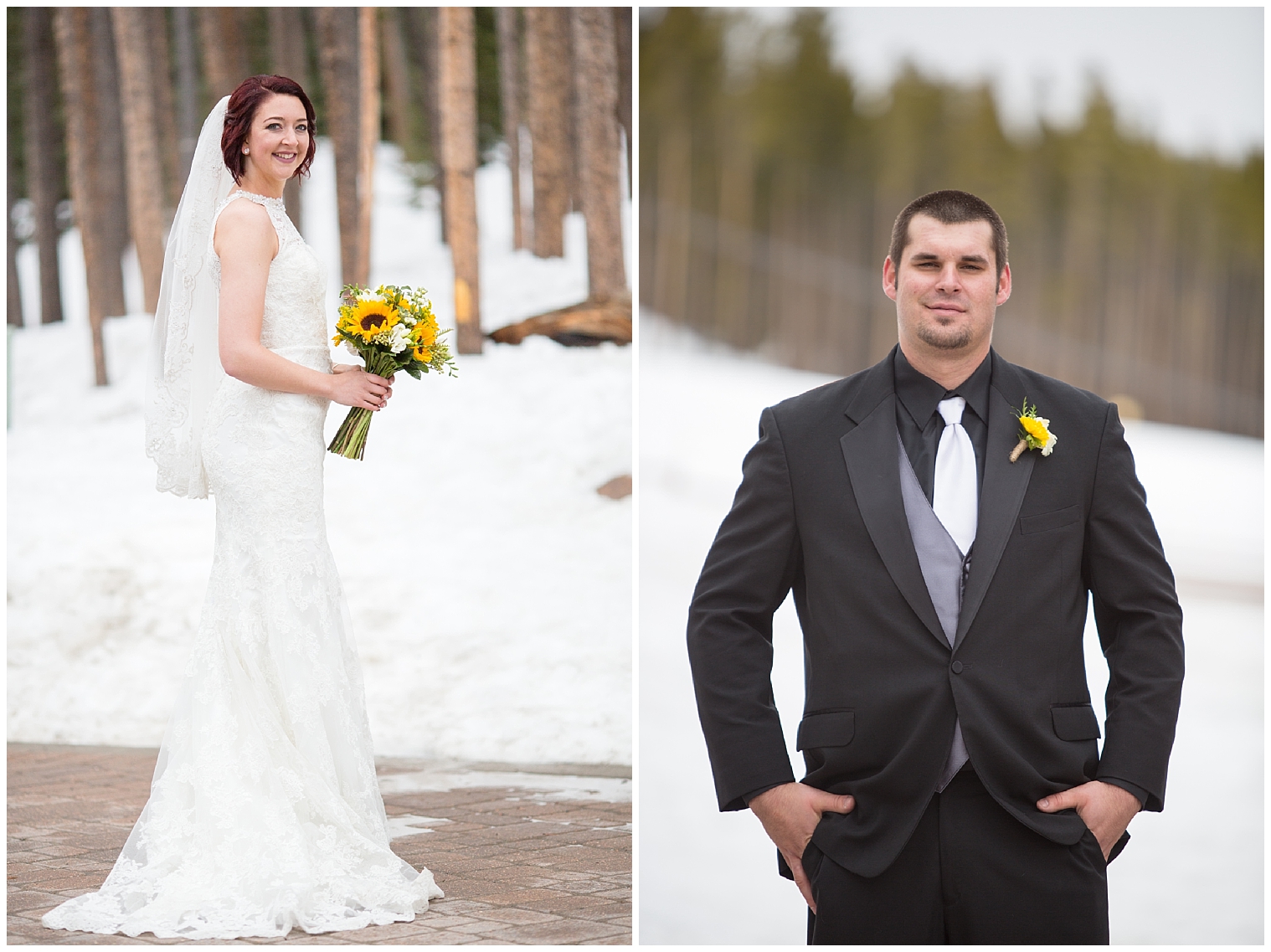 Portraits of the bride and groom at their winter Breckenridge wedding.
