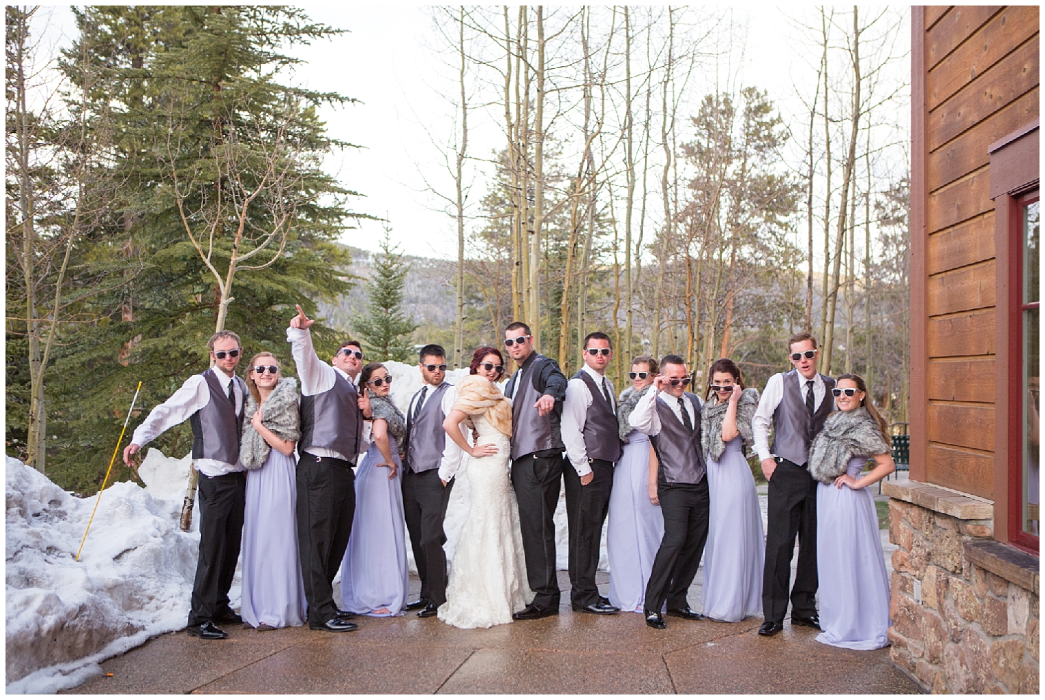 Fun portrait of the bridal party at a Sevens wedding.