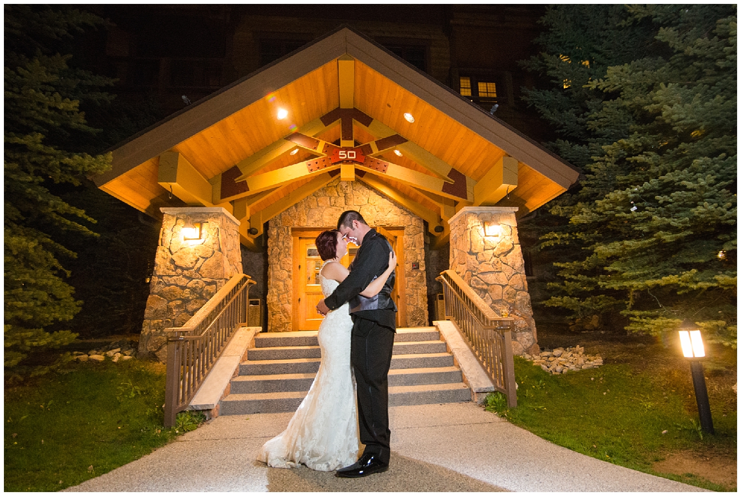 The bride and groom embrace at the end of their Breckenridge wedding night.