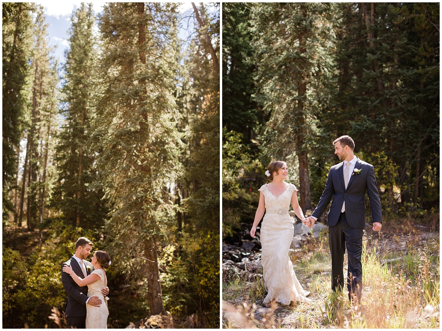 Bride and groom walk hand in hand during portraits at their Copper Mountain wedding.