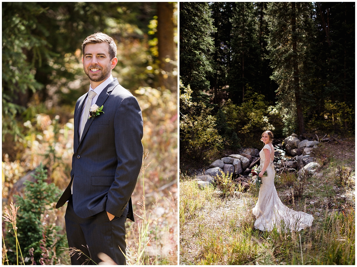 Individual portraits of the bride and groom by a Colorado mountain wedding photographer on their Copper Mountain wedding day.