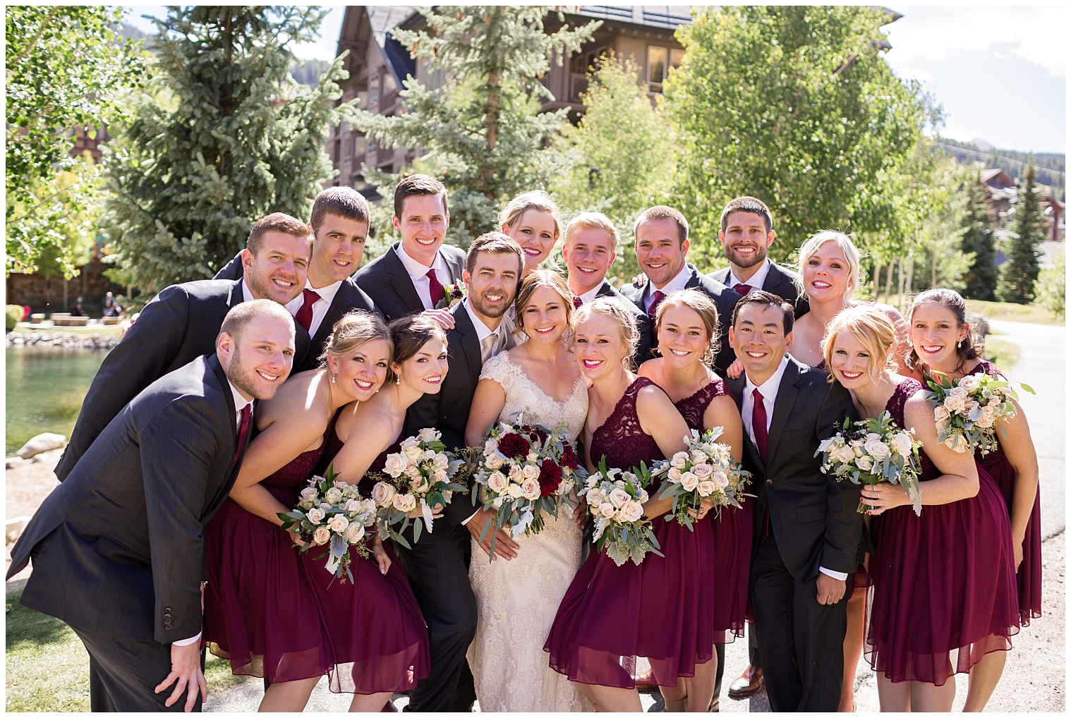 The bridal party poses for a photo at a Copper Mountain wedding.