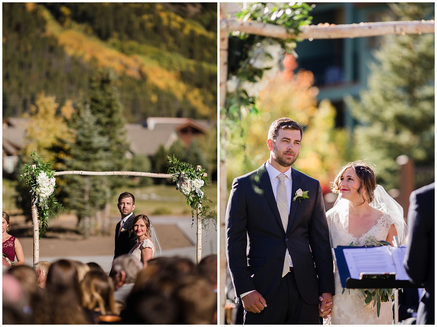 The bride and groom stand together at the altar during their Copper Mountain wedding ceremony.