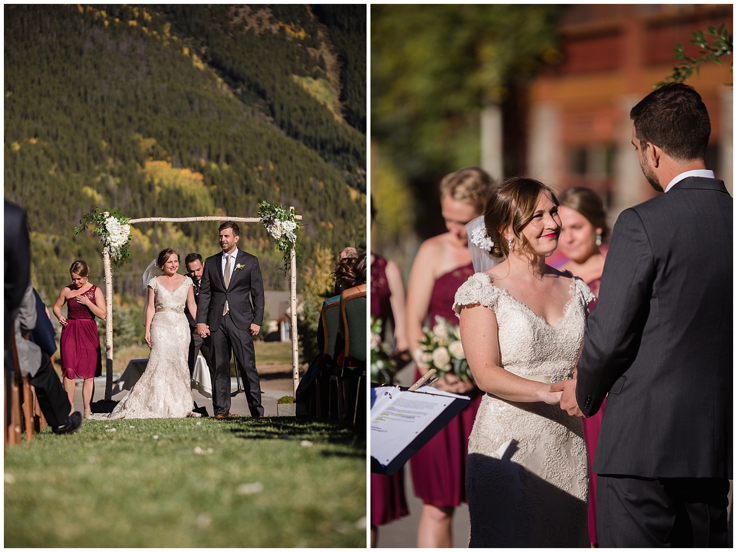 Bride looks up at her groom during their Copper Mountain wedding ceremony.