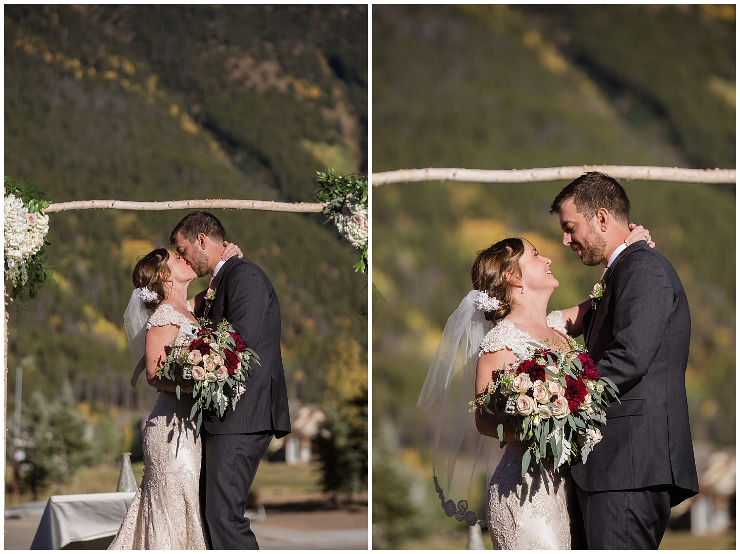 The wedding couple have their first kiss during their Copper Mountain wedding ceremony.