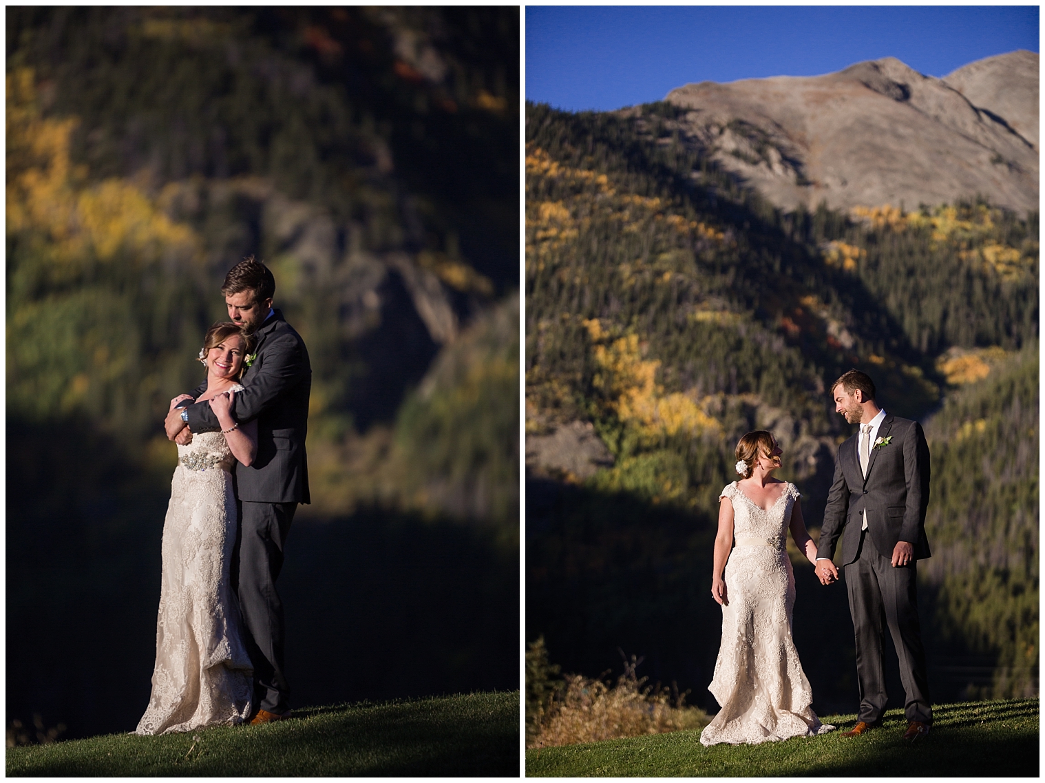 During their Copper Mountain wedding photos, the bride and groom embrace.