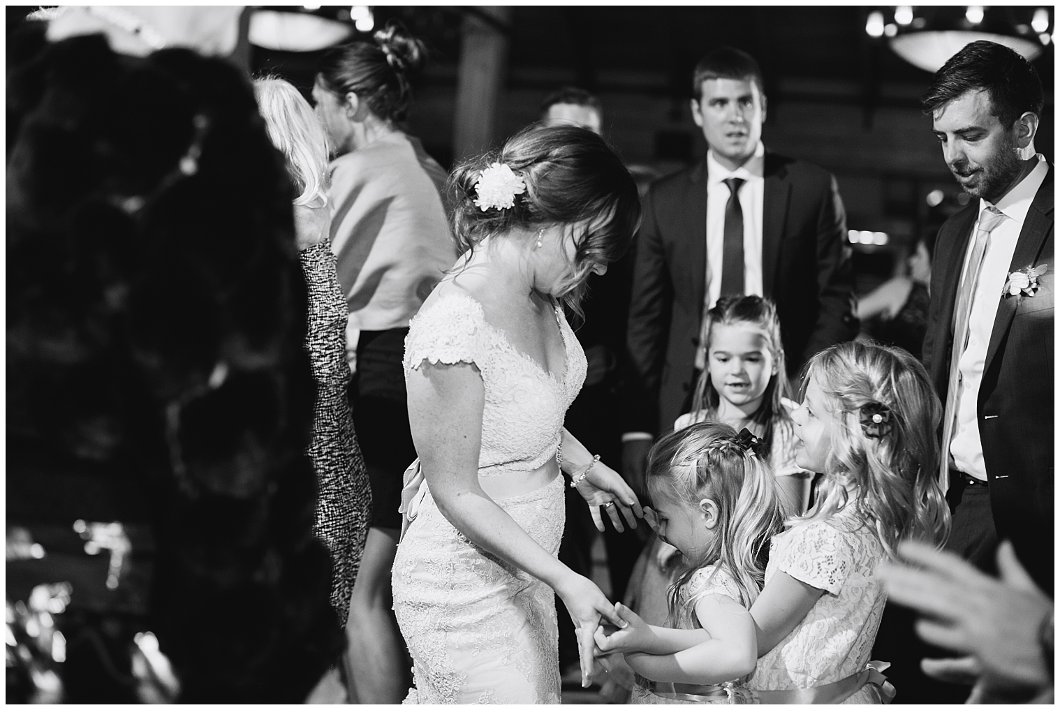 The bride dances with her flower girls at her Copper Mountain wedding reception.