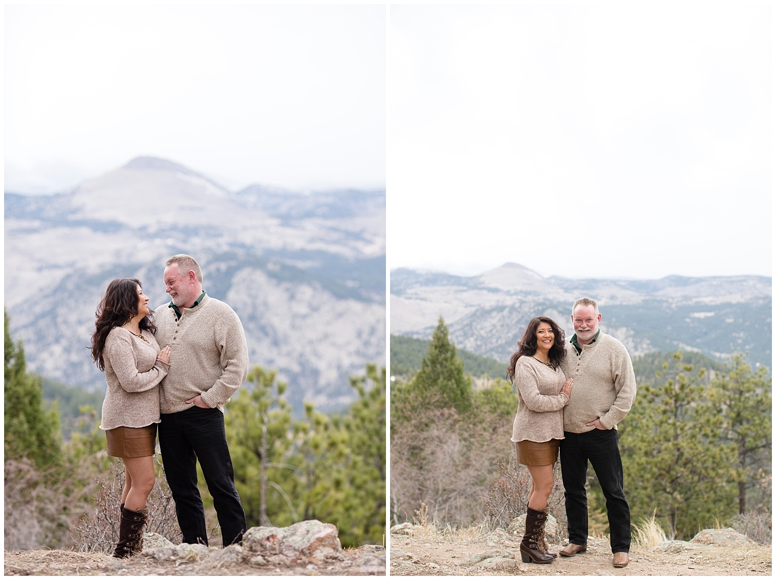 Couple gets engagement photos taken on mountaintop in Breckenridge Colorado.