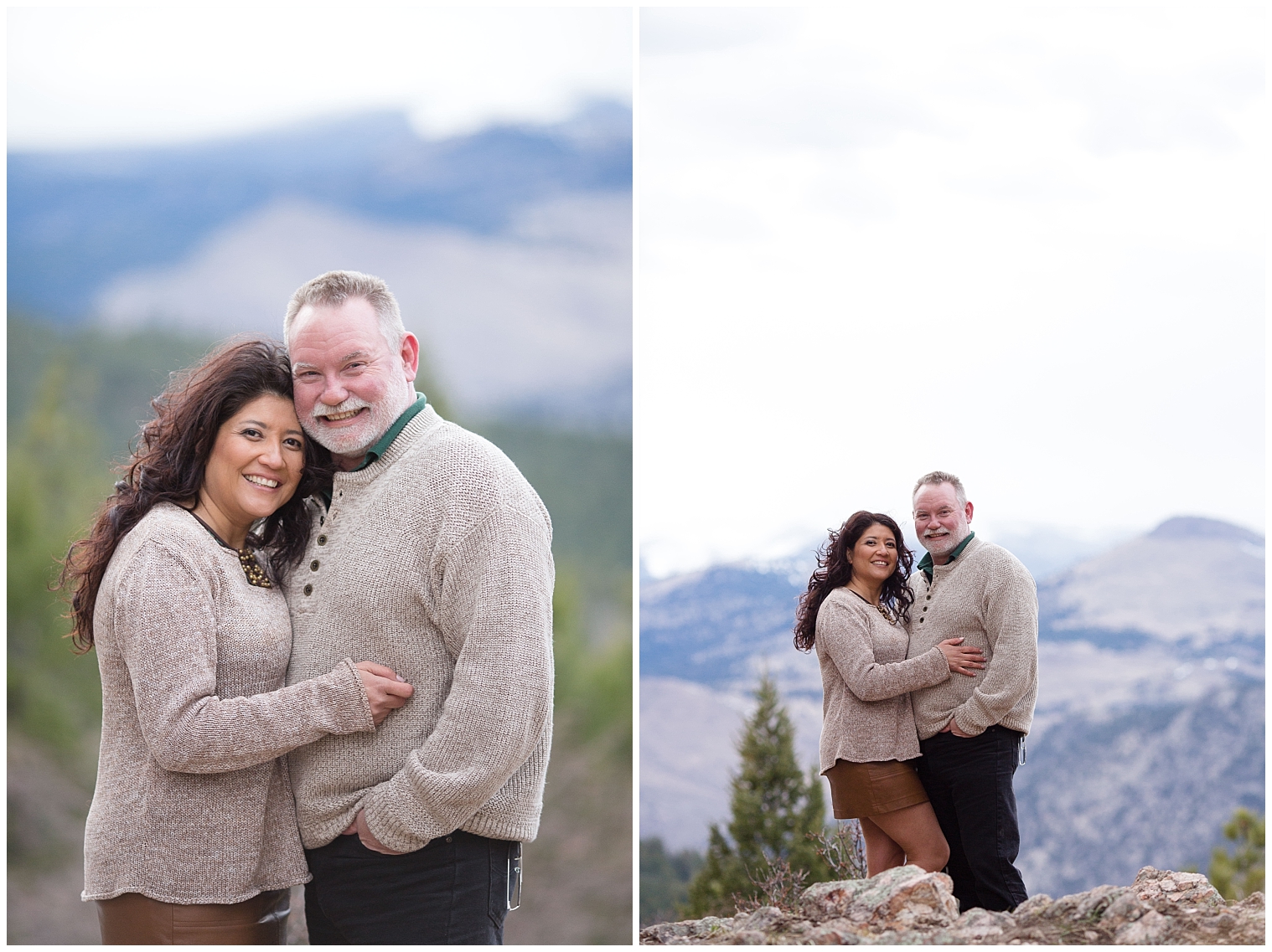 At a Colorado mountain engagement session, woman leans against her fiance.