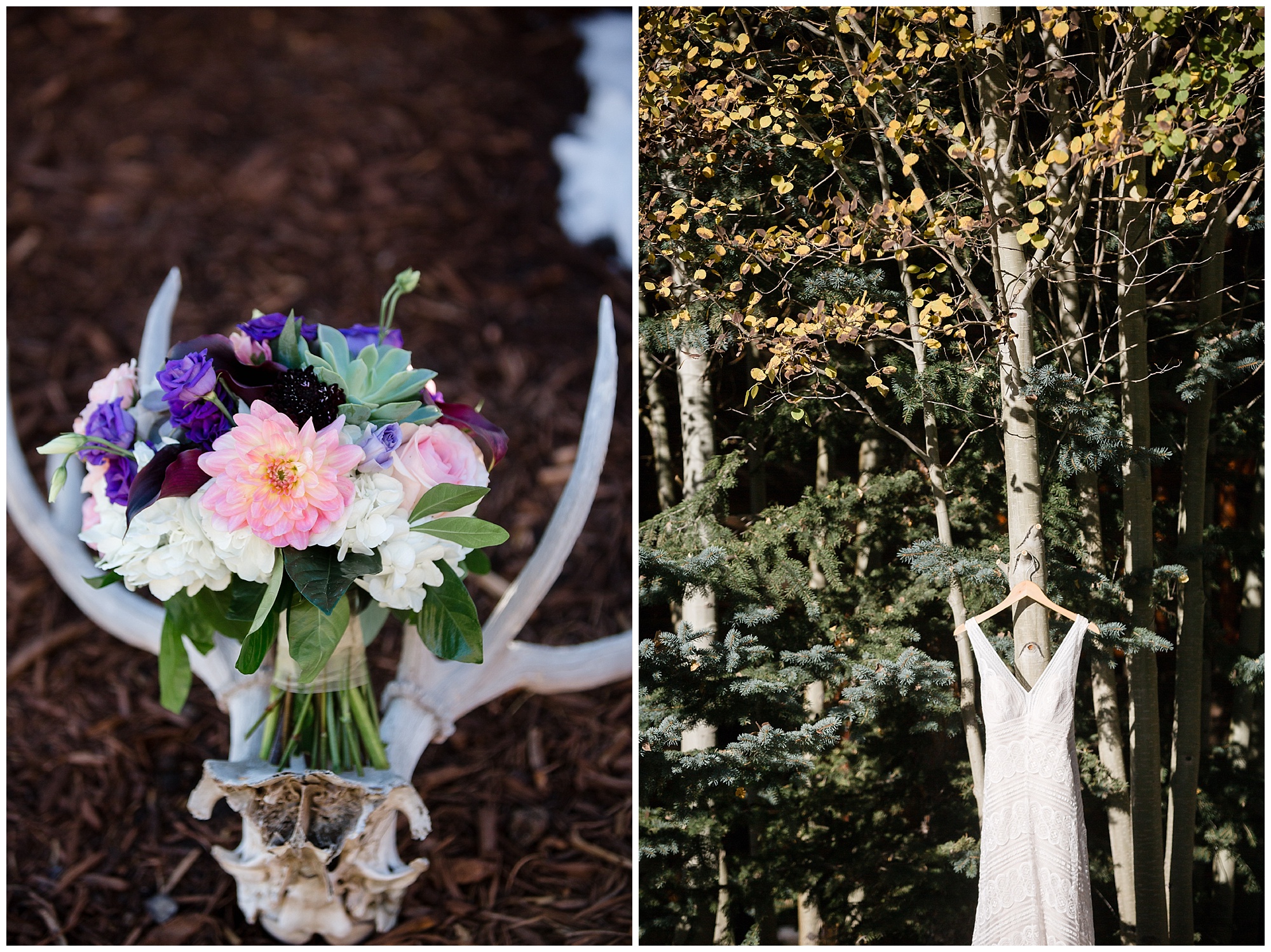 Photos by a Breckenridge elopement photographer of a bridal bouquet and a wedding dress hanging on on tree.