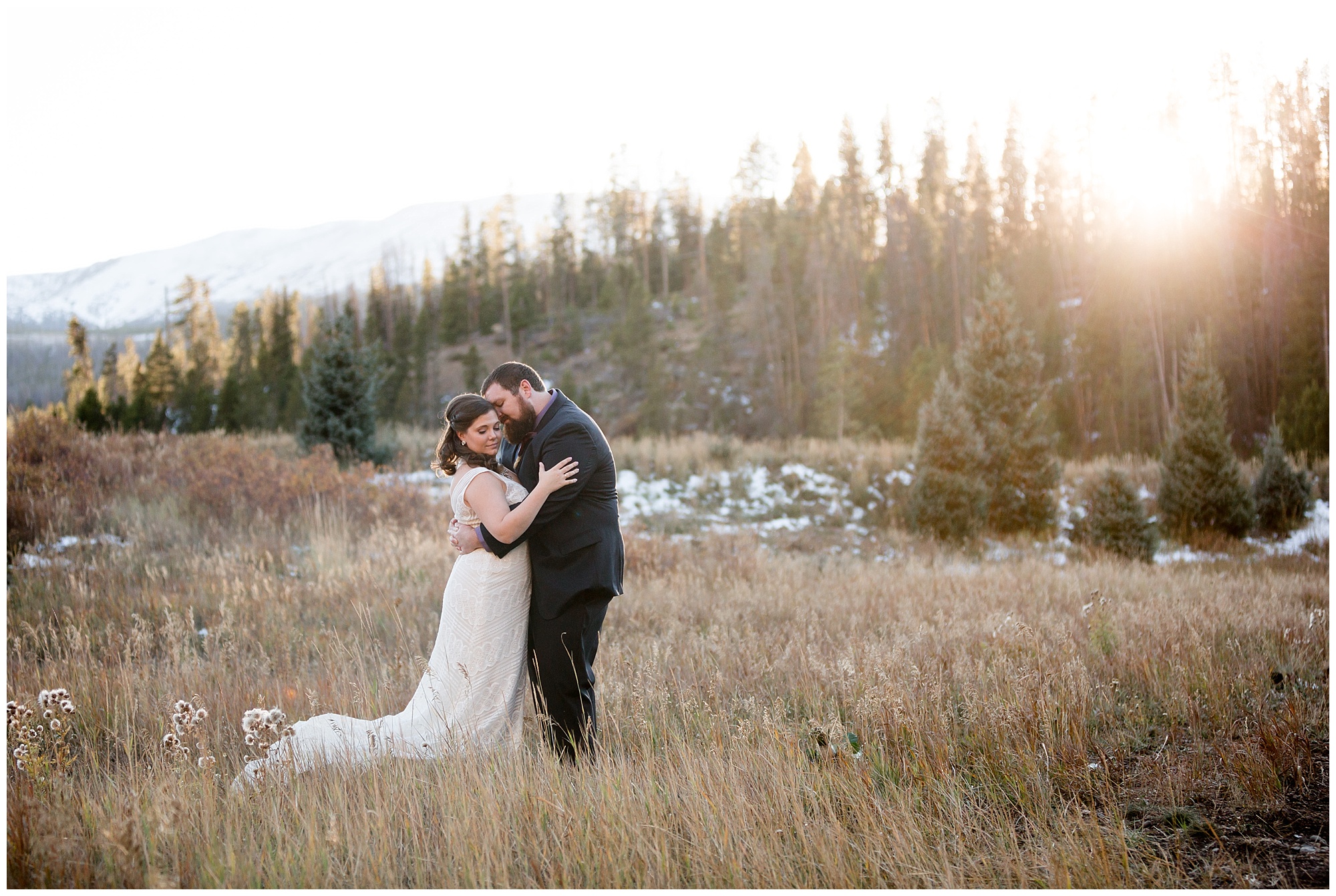 Groom leans in close to his bride during portraits at their Breckenridge mountain elopement.
