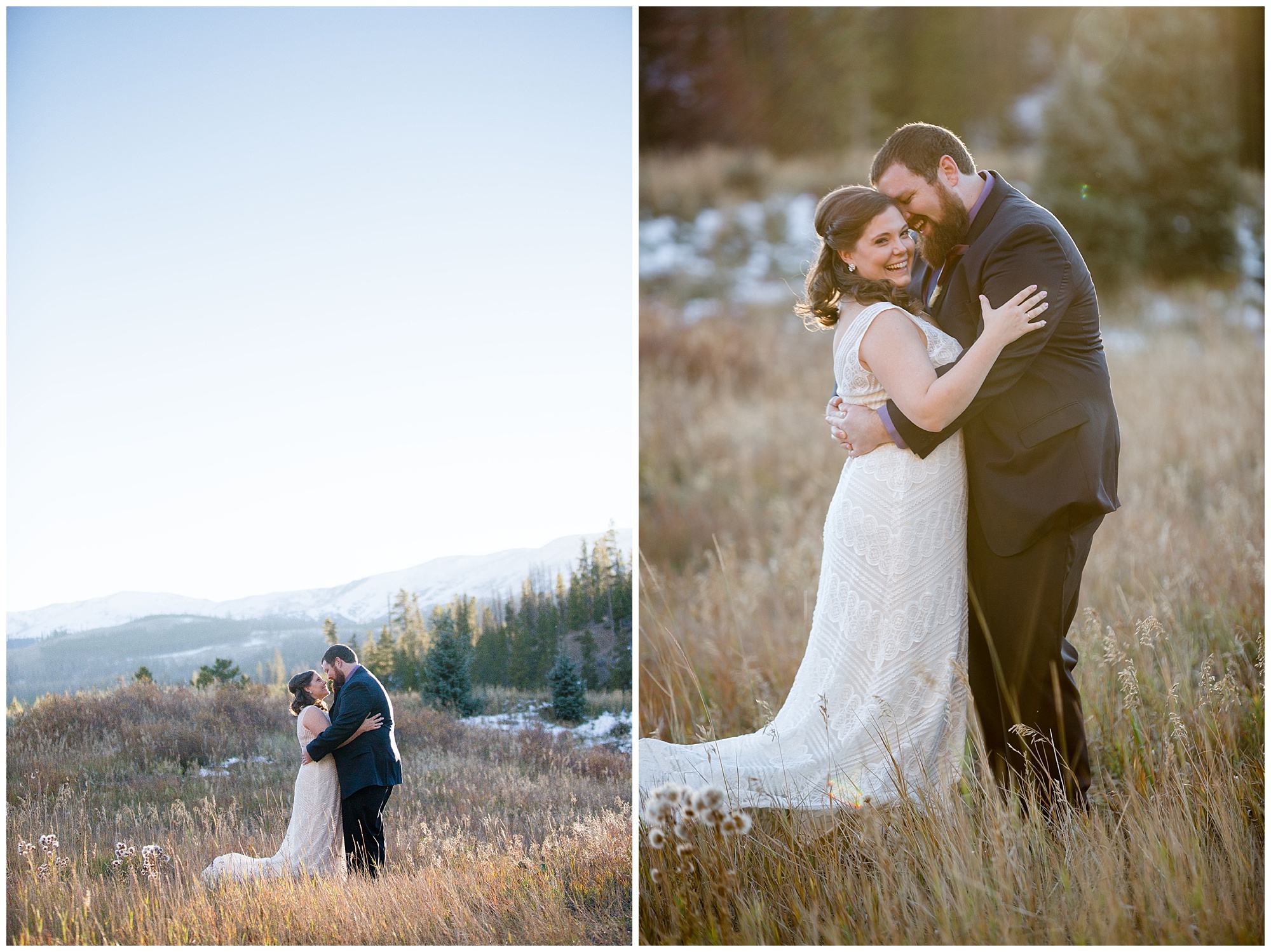 Portraits of the wedding couple at their Breckenridge mountain elopement.