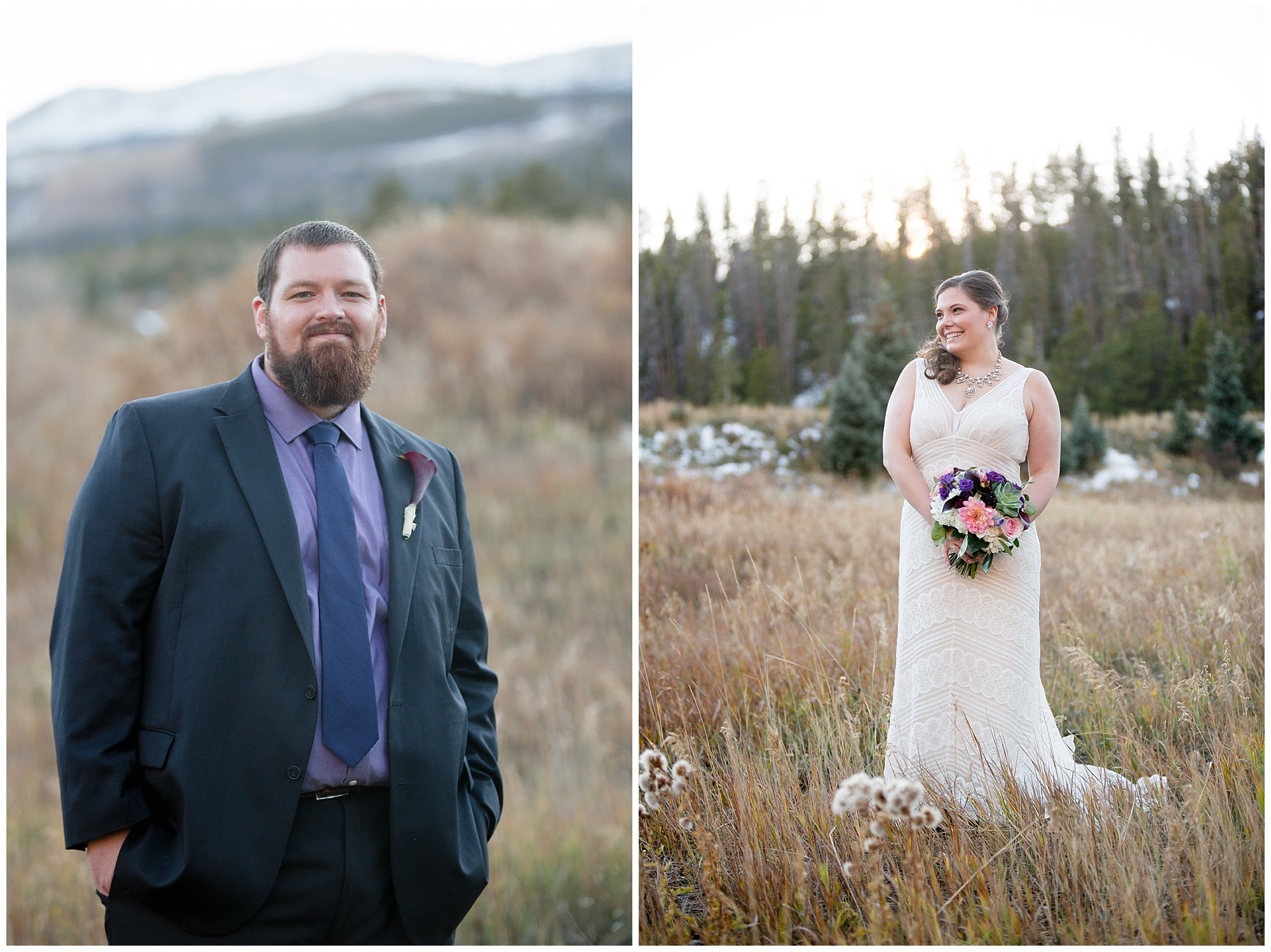 Portraits of the bride and groom by a Breckenridge elopement photographer.