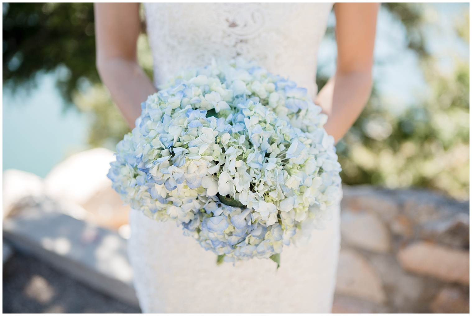 Blue hydrangea bridal bouquet at a Breckenridge elopement.