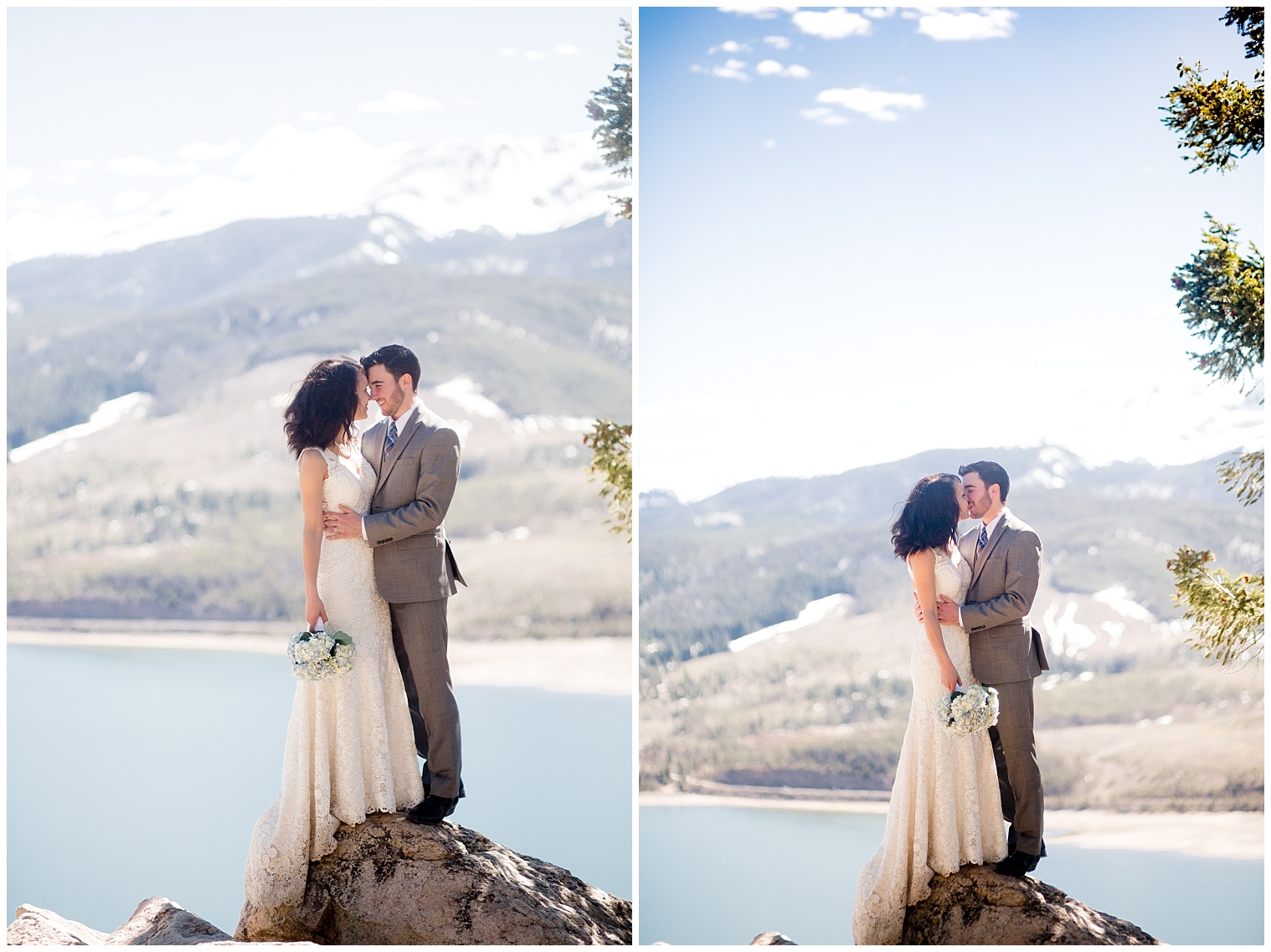 Couple kiss on a rocky overlook at their Breckenridge elopement.