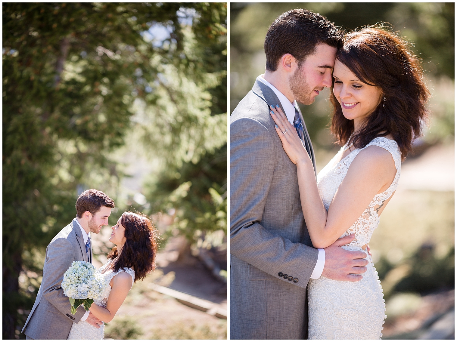 The wedding couple embrace at their Breckenridge elopement.