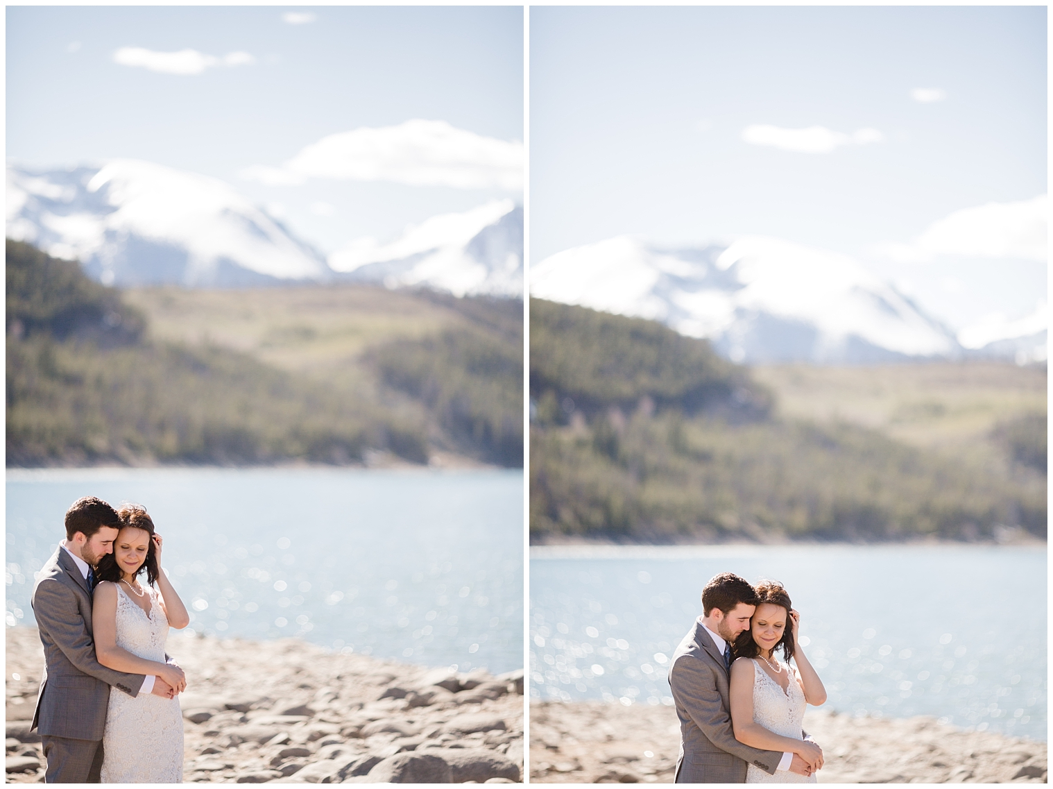 Wedding couple pose together in front of a lake in Breckenridge Colorado.