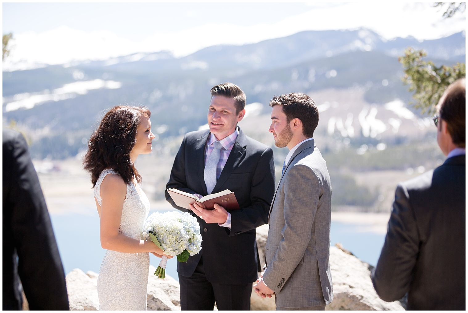Wedding couple stands at the altar during their Sapphire Point elopement.