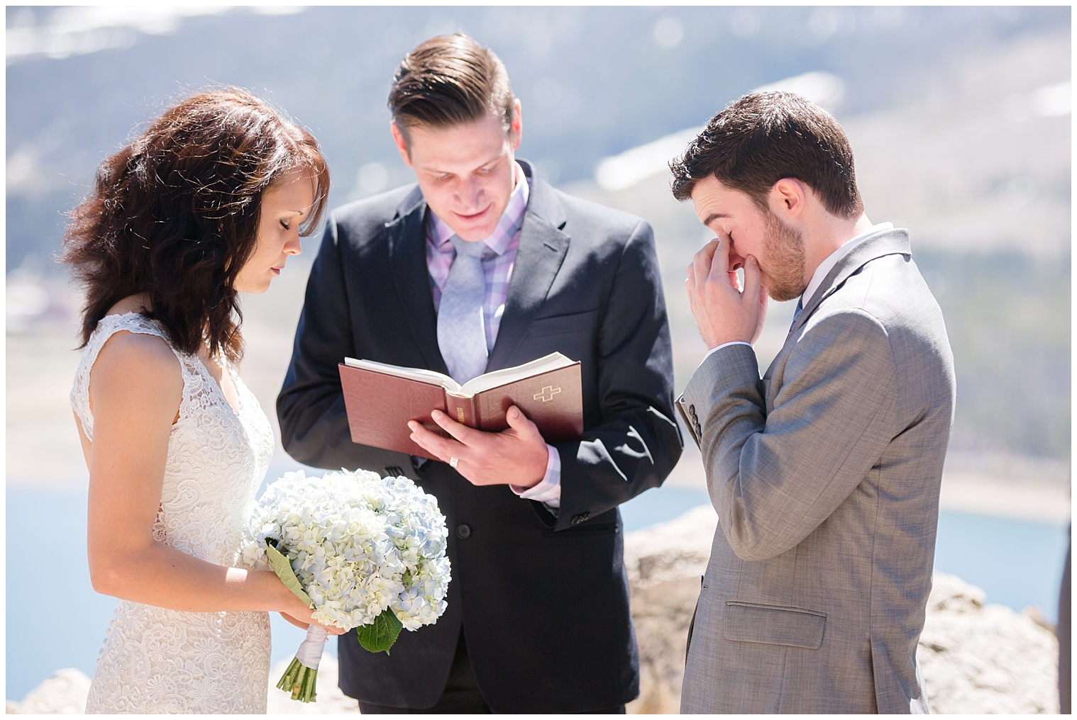 Groom cries during the ceremony at his Breckenridge mountain elopement.