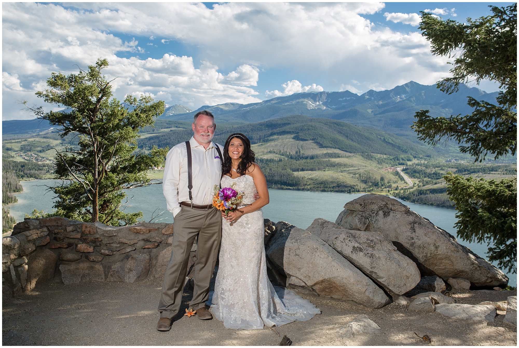 Bride and groom pose for portraits with their Breckenridge wedding photographer.