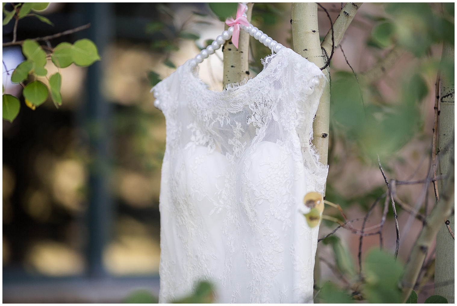 Wedding dress hanging on a tree before a Mountain Thunder wedding.