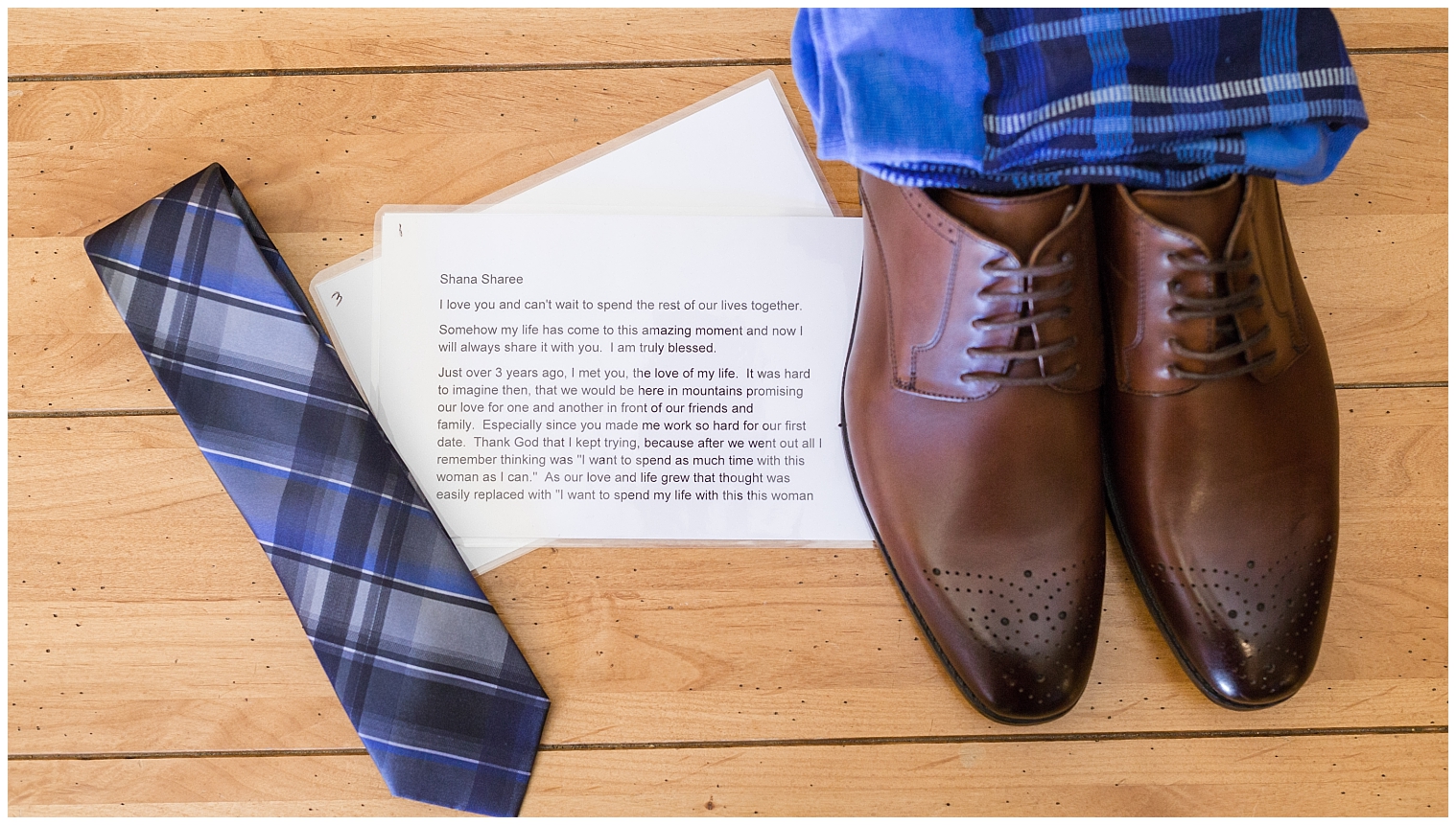 Groom's tie, shoes, and vows, photographed by a Mountain Thunder wedding photographer.