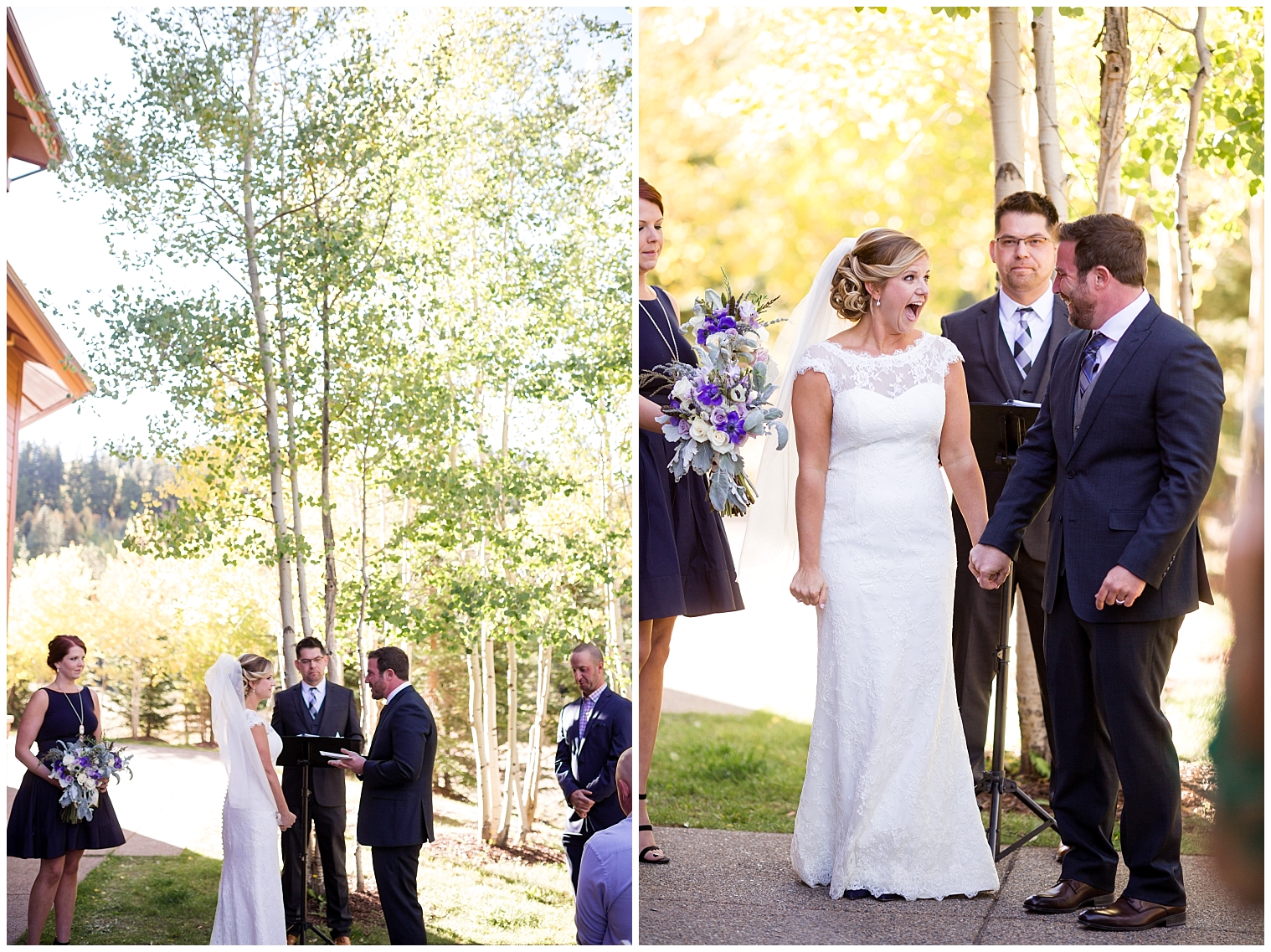 Bride and groom look triumphant at the conclusion of their Breckenridge wedding ceremony.