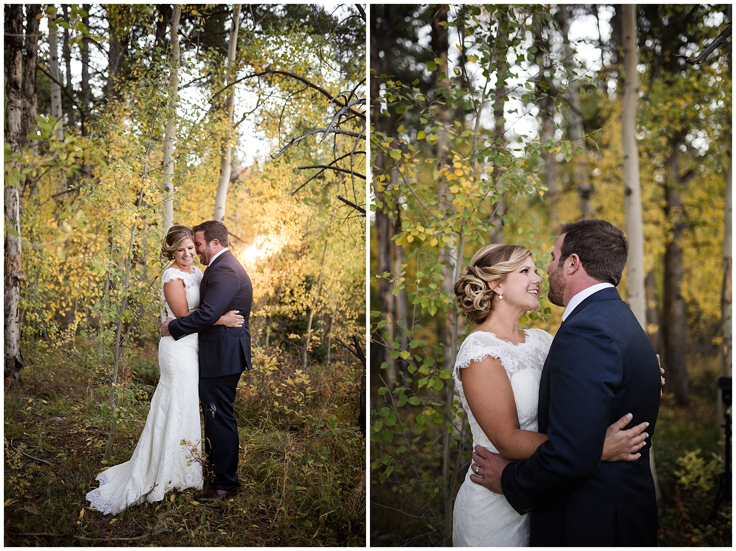 Couple embraces during portraits at their Mountain Thunder lodge wedding.