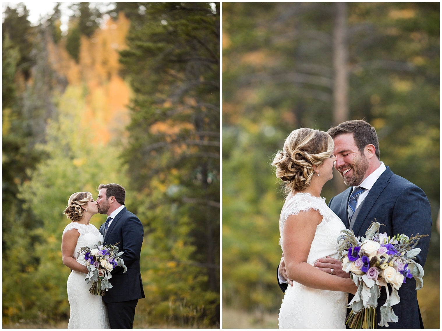 Couple kiss during the portraits with their Breckenridge wedding photographer.