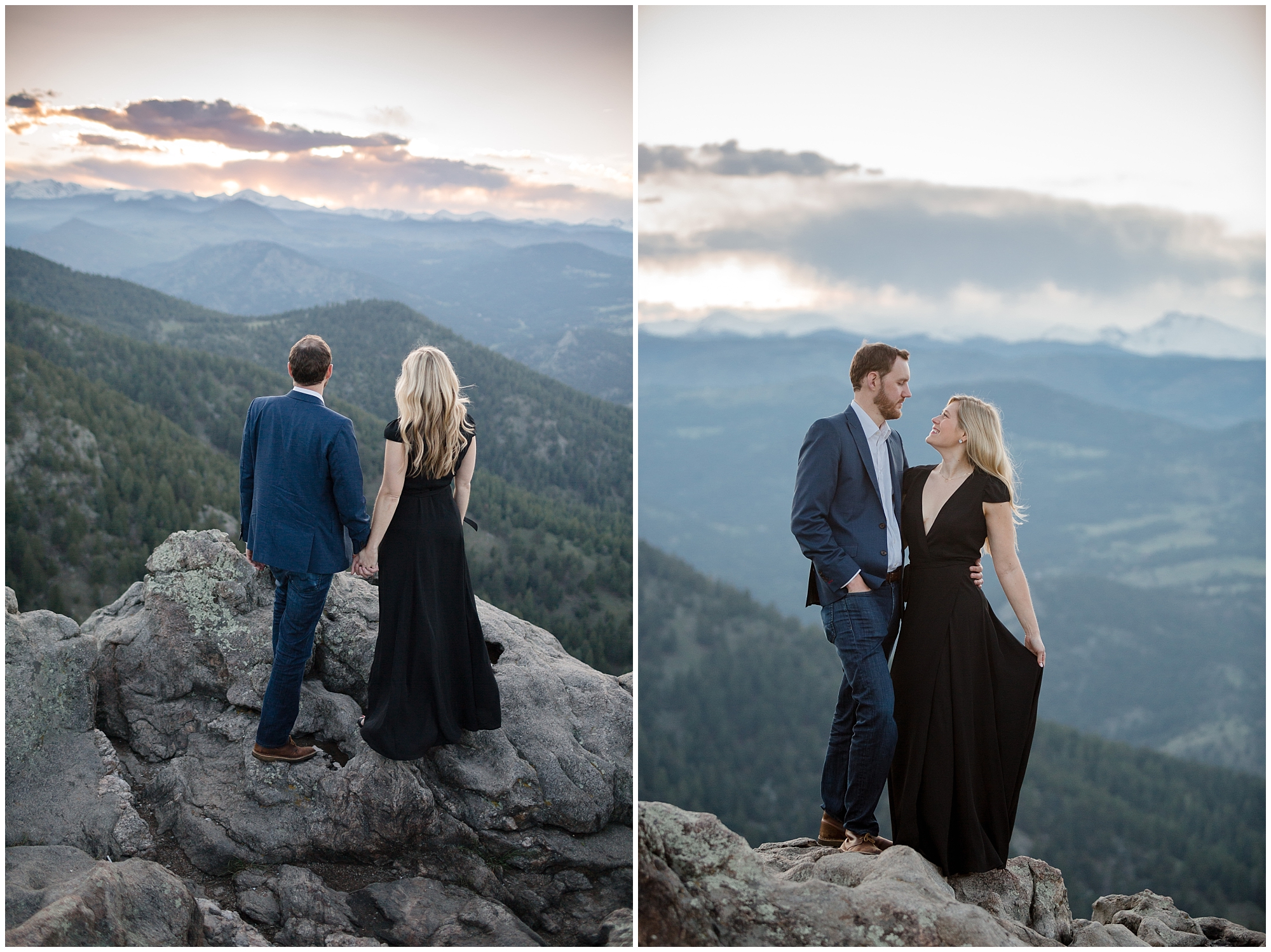 Couple stands on the edge of the cliff during their Boulder engagement photo shoot.