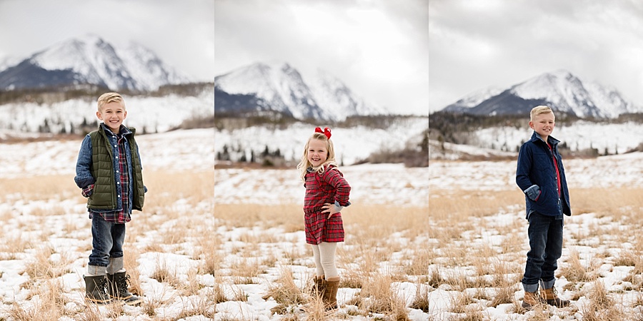 three siblings pose for solo portraits in front of mountains in Breckenridge
